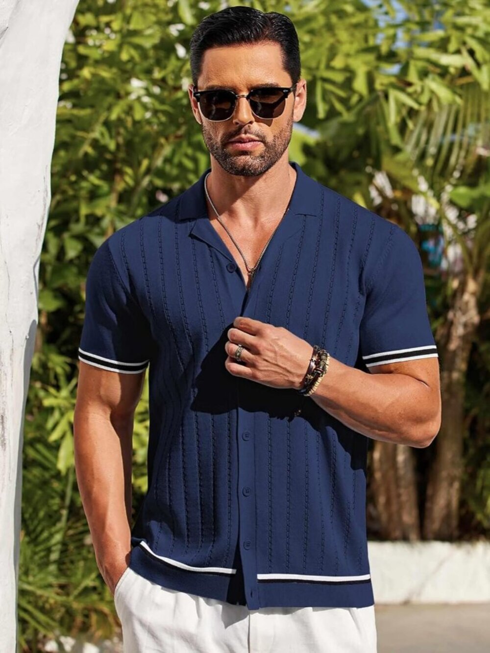 Men's Navy Blue Short Sleeve Knit Casual Button Down Vintage Striped Top Shirt - Picture 3 of 5